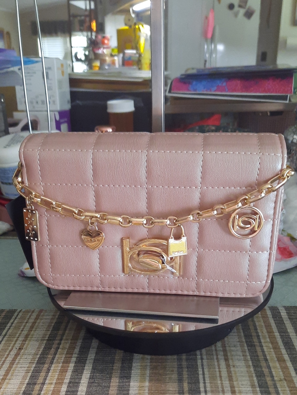 bebe Quilted Blush Pink Chain-Accent Shoulder Bag